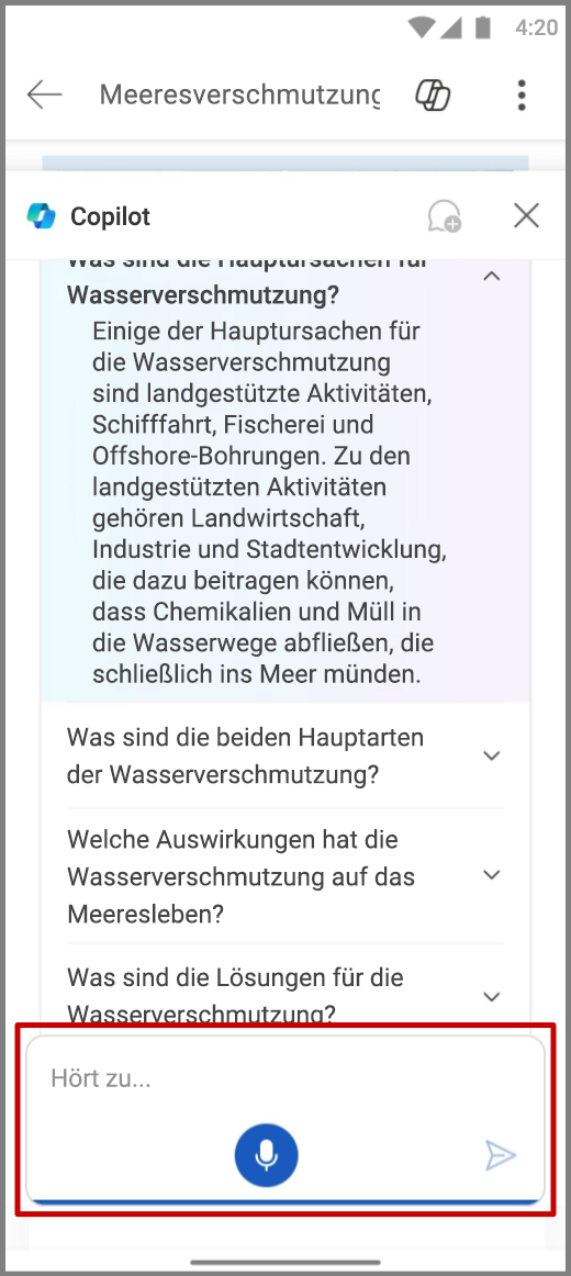 Screenshot von Copilot in Word auf einem Android-Gerät mithilfe der Spracheingabe im Feld „Verfassen“