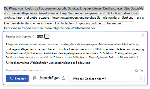 Screenshot von Copilot in Word mit Textvorschlägen und Optionen zum Umschreiben von Texten