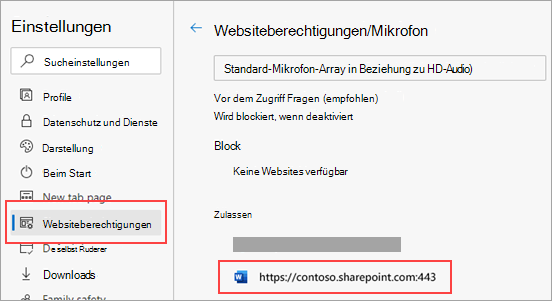 Einstellungsseite für Mikrofonberechtigungen für Microsoft Edge
