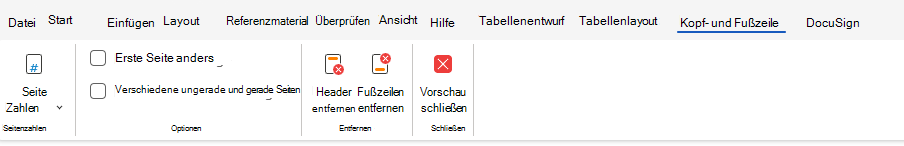 Optionen für Kopf- und Fußzeile im Menüband