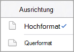 iPad-Ausrichtungsmenü mit ausgewähltem Hochformat