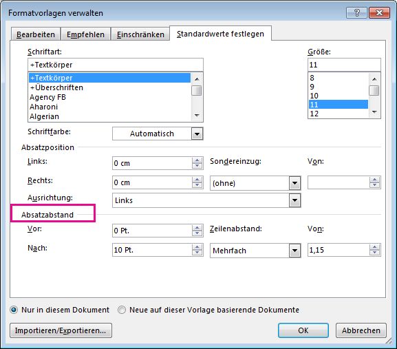 Verwalten von Formatvorlagen