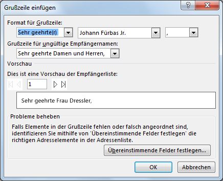 Optionen für die Grußzeile