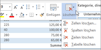 Minisymbolleiste mit Menü 'Löschen'