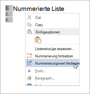 'Nummerierungswert festlegen' im Kontextmenü