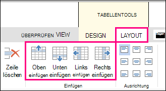 Abbildung der Layoutoptionen für das Hinzufügen von Zeilen und Spalten in Tabellen