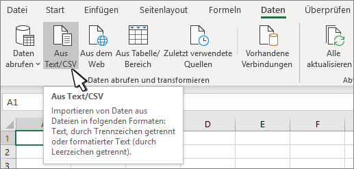 Auswählen von Text/CSV auf der Registerkarte 