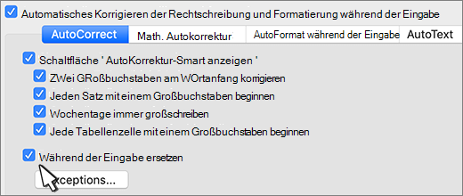 Word für Mac das Kontrollkästchen Text während der Eingabe ersetzen.