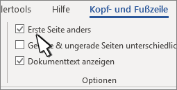 Kopfzeile, Menübandoptionen mit ausgewählter Option 