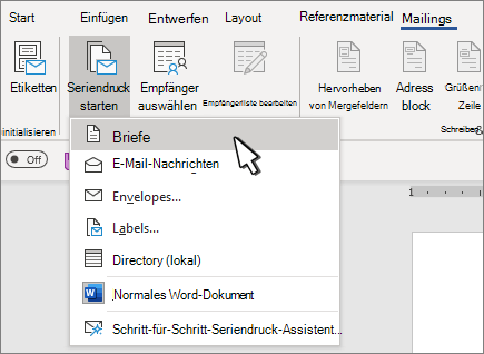 Seriendruck-Startmenü mit ausgewählter Option 