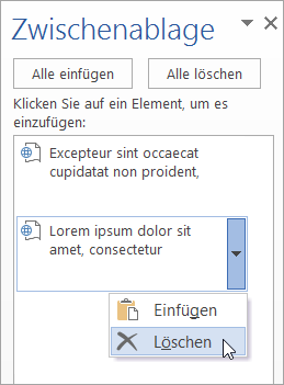 Zeigt das Löschen eines kopierten Elements aus der Zwischenablage.