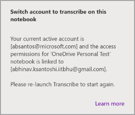 Konto wechseln, um auf diesem Notizbuch zu transkribieren