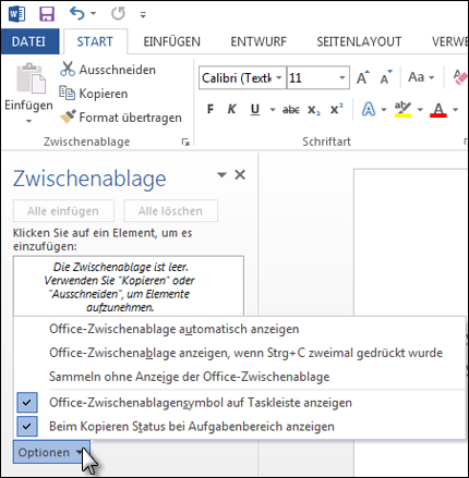 Möglichkeiten für den Aufgabenbereich der Office-Zwischenablage