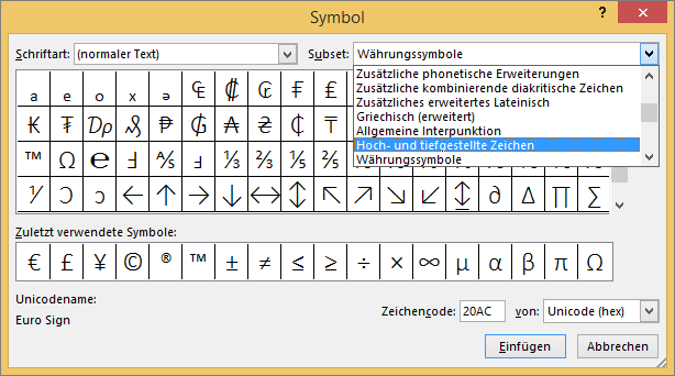 Zeigt die Untergruppen 'Tiefgestellt' und 'Hochgestellt' im Dialogfeld 'Symbol' in PowerPoint