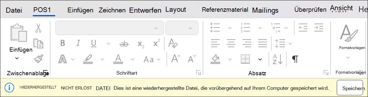 Screenshot der Sitzungswiederherstellung in Word mit dem Status Nicht gespeicherte Datei wiederherstellen: Dies ist eine wiederhergestellte Datei, die vorübergehend auf Ihrem Computer gespeichert ist. Daneben befindet sich eine Schaltfläche zum Speichern.