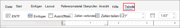 Tabellenregisterkarten im vereinfachten Menüband