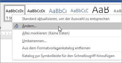 Klicken Sie mit der rechten Maustaste auf die Standardformatvorlage, und wählen Sie „Ändern“ aus.