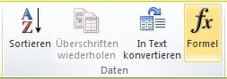Die Gruppe 'Daten' unter 'Tabellentools' auf der Registerkarte 'Layout' im Word 2010-Menüband