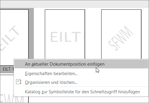 Klicken Sie mit der rechten Maustaste auf die Wasserzeichenminiatur, die den Befehl An aktueller Dokumentposition einfügen anzeigt.