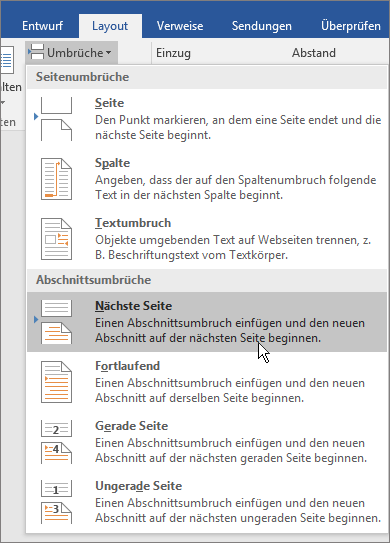 Die Umbruchoptionen werden auf der Registerkarte 