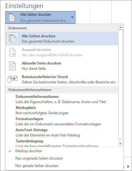 Screenshot des Bereichs 'Drucken' mit erweitertem Menü 'Alle Seiten drucken', um weitere Optionen anzuzeigen