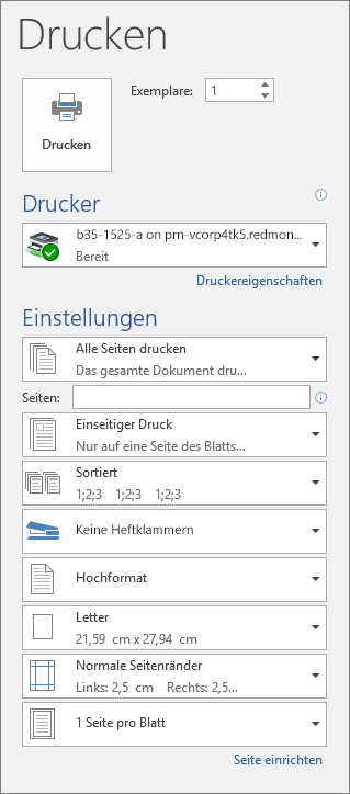 Screenshot des Bereichs 'Drucken' mit den verschiedenen Druckeinstellungen, z. B. Anzahl der Exemplare