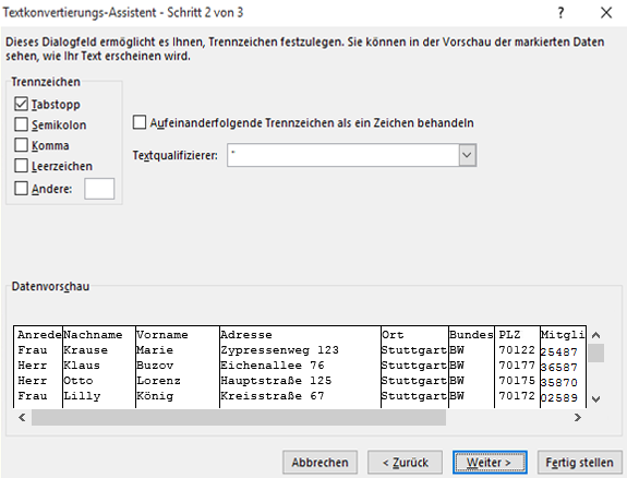Die Optionen für Trennzeichen sind im Textkonvertierungs-Assistenten hervorgehoben.