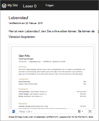 Word-Dokument, das in einen Blogbeitrag eingebettet ist