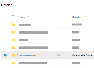 OneDrive-Ordner mit sichtbarem Ordner „Transkribierte Dateien“.