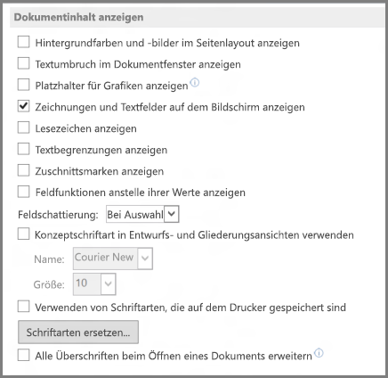 Word 2013 show document content options