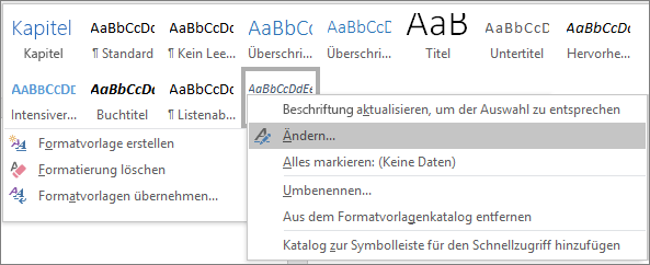 Klicken Sie im Formatvorlagenkatalog mit der rechten Maustaste auf die Formatvorlage 