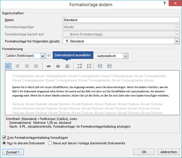 Ändern Sie die Optionen für den Zeilenabstand in Ihrer Formatvorlage, um den Vertikalabstand in Word anzupassen.