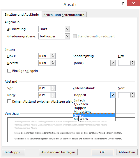 Verwenden des Dialogfelds Absatz, um spezifischere Abstände zwischen Textzeilen festzulegen