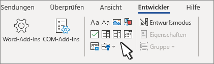 Registerkarte „Entwicklertools“ mit Inhaltssteuerelementen