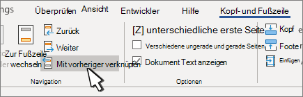 Kopf-/Fußzeile Link zur vorherigen Schaltfläche