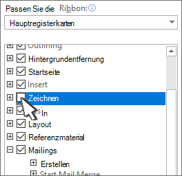 Kontrollkästchen zum Ausblenden oder Anzeigen der Registerkarte
