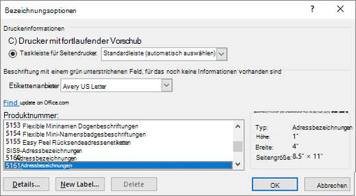 Etikettoptionendialog