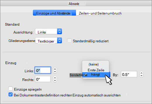 Auswählen eines hängenden Einzugs