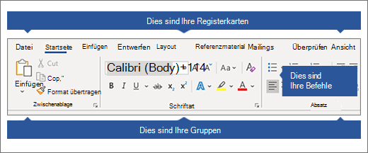 Menüband mit hervorgehobenen Registerkarten, Gruppen und Befehlen.