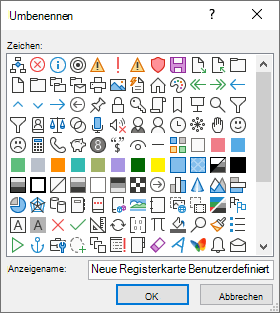 Umbenennen einer Registerkarte, Gruppe oder eines Befehls und Hinzufügen eines Symbols