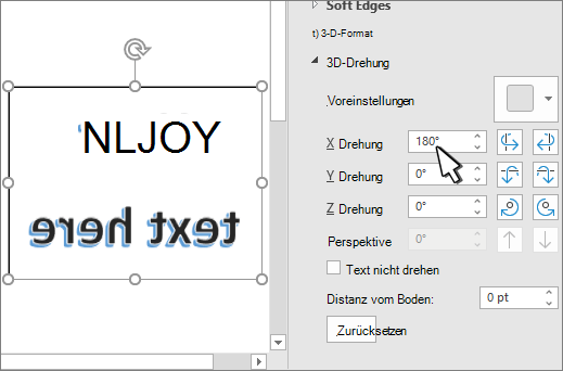 3D-Drehungseinstellungen mit X auf 180 Deg festgelegt