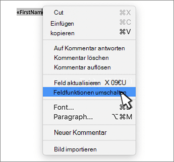 Umschalten von Feldfunktionen im Kontextmenü ausgewählt