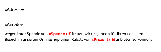 Beispiel für ein Seriendruckdokument, in dem dem Feld 