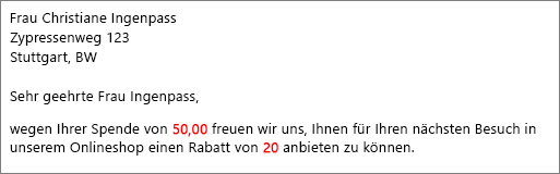 Seriendruckdokument, das Ihren Beitrag von 50,00 liest und Ihnen einen Rabatt von 20 bietet.