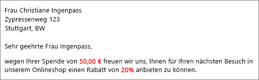 Das Seriendruckergebnisdokument liest Ihren Beitrag von 50,00 USD vor und bietet Ihnen einen Rabatt von 20 %.