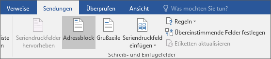 Im Rahmen Word Seriendrucks wählen Sie auf der Registerkarte Sendungen in der Gruppe Schreiben & Felder einfügen die Option Adressblock aus.
