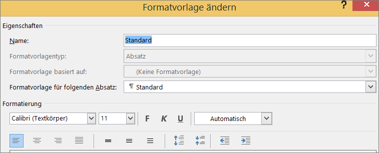 Word-Befehl „Format für Formatvorlage ändern“