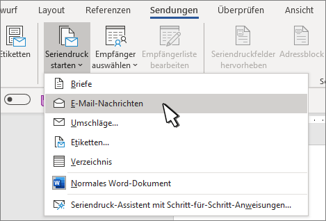 Starten des Seriendrucks mit ausgewählten E-Mail-Nachrichten