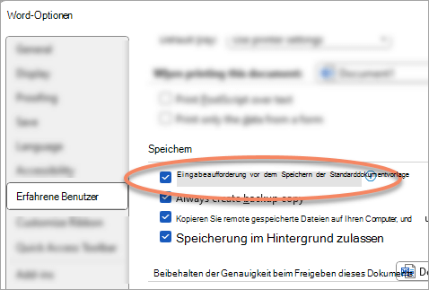 Das Dialogfeld Erweiterte Optionen, in dem die Einstellung Zum Speichern der Vorlage 