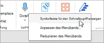 Symbolleiste für den Schnellzugriff anzeigen im Menü ausgewählt